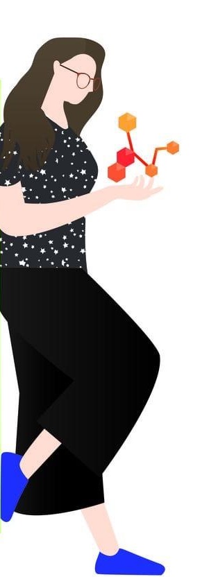 Cartoon of Fiona holding a molecule, deep in thought